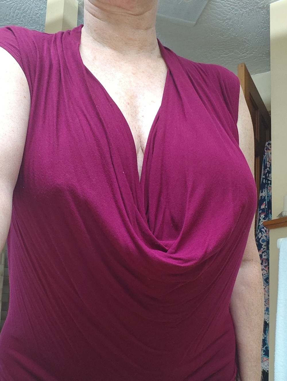 CAbi Plum Sleeveless Cowl Draped Front Top